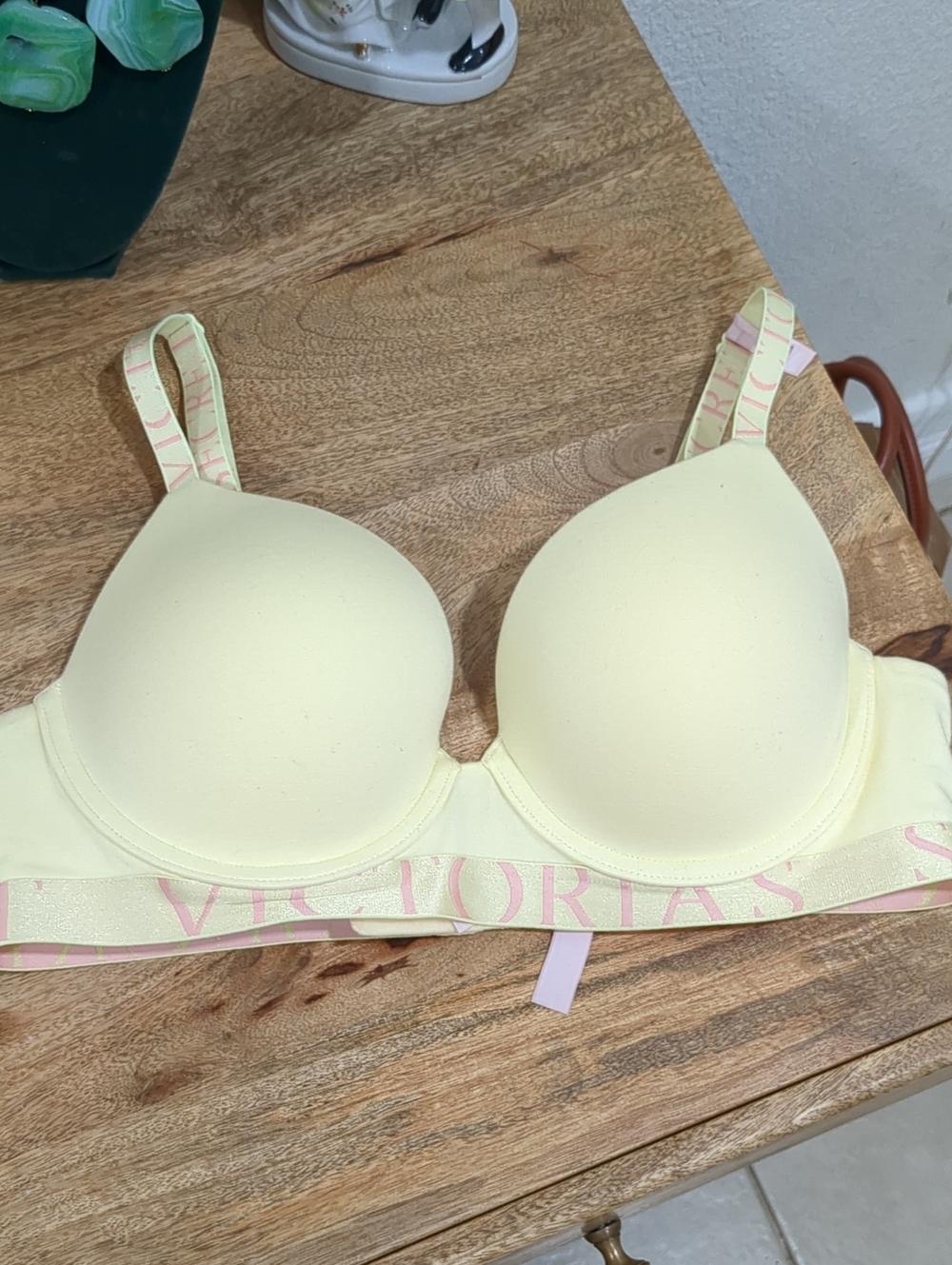 Victoria's Secret Pale Yellow Lightly Padded Bra with Pink Logo Band